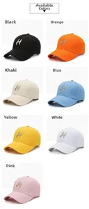 Collection of embroidered cotton baseball caps in seven vibrant colors including blue and pink