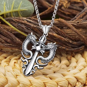 Dragon Pendant Necklace Alloy Retro Sword Design Hip Hop Style For Men Vintage Silver Tone Jewelry