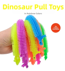 Detailed view of six colorful textured TPR dinosaur sensory stretch strings for kids
