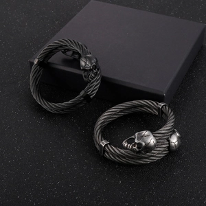 Retro hip-hop skull steel cable cuff bracelets with punk industrial texture in gunmetal finish