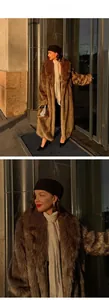 Close-up and full view of luxury long brown faux fur coat with oversized lapels