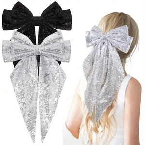 Grande Barrette À Cheveux Noeud À Paillettes Ruban Long Tissu Étincelant Pince À Ressort Pour Fête Noël Mariage Accessoires