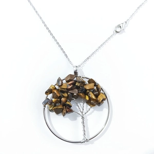 Handmade tree of life necklace featuring natural tiger eye stones and silver wire wrapping