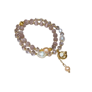 Bracciale a doppio strato con pietre occhio di gatto, perle e ciondolo a stella bianca