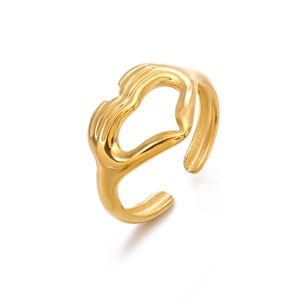 Polished gold heart-shaped wave open ring in stainless steel for women with modern design