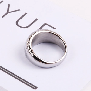Polished silver croissant texture stainless steel ring with vertical grooves and brushed finish