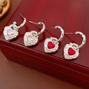 Vintage Heart Pendant Earrings Alloy Rhinestone With 925 Sterling Silver Earring Post Sweet Style Jewelry For Women