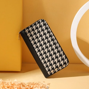 Portefeuille long pour femme en similicuir noir et toile à motif pied-de-poule chic