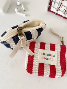 Mini striped canvas cosmetic bag with metal zipper for organizing earphones and coins