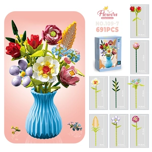Detail of DIY building block flowers with a blue textured vase and 691 pieces set
