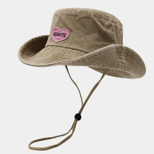 Khaki wide brim sun hat with pink heart patch and adjustable windproof drawstring strap
