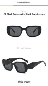 Detail view of black square frame sunglasses with dark grey lenses and geometric temples