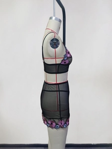 Detailed embroidery on black mesh lingerie set with floral patterns on a mannequin