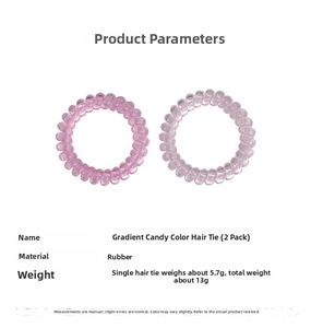 Detail view of two gradient candy-colored spiral hair ties showing rubber material and 13g weight