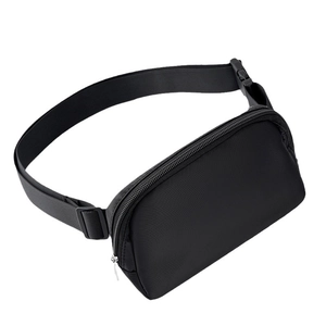Sleek black sports waist bag with adjustable strap and buckle on white background