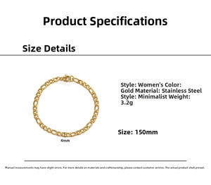 Macro detail of gold stainless steel Figaro chain bracelet showing 4mm link width and 150mm length