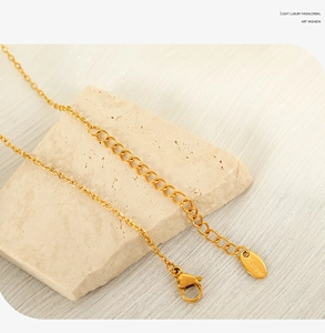 Detail of gold stainless steel lobster clasp and extension chain with S.Steel tag