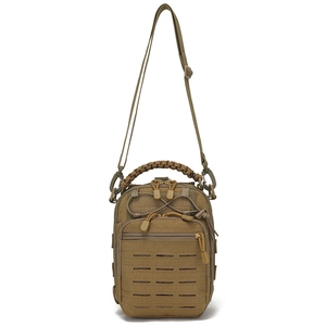 Tactical tan crossbody chest bag with paracord handle and laser-cut MOLLE system