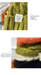 Detail of chunky cable knit beanie featuring retro texture and vintage style woven label