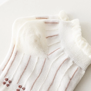 White thin lace ankle socks for women featuring floral embroidery and ruffle trim details