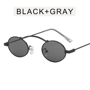 Retro small oval punk sunglasses with black metal frame and gray ocean lenses