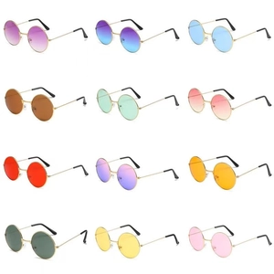 Grid display of vintage round sunglasses in twelve vibrant color lens variations