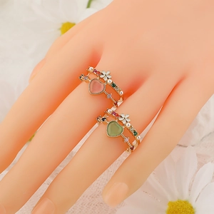 Adjustable double-layer gold ring with pink and green heart gems and floral details