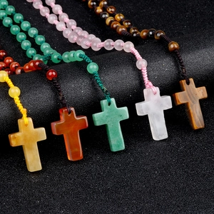 Natural Crystal Agate Stone Round Beads Handmade Woven Cross Pendant Necklace Religious Prayer Beads Fashion Jewelry Unisex