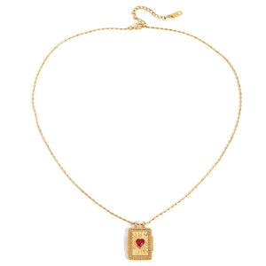 Golden bead chain necklace with rectangular pendant featuring a red heart stone and crystals