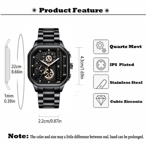 Luxury square quartz men's watch with black dial and cubic zirconia detailing