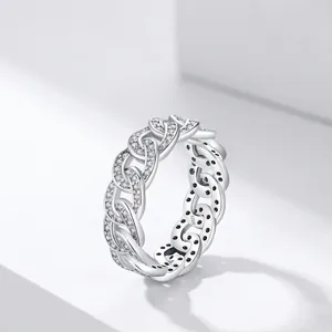 925 Sterling Silver Cuban Link Chain Ring Sparkling Zircon Micro Pave Geometric Streetwear Jewelry For Women