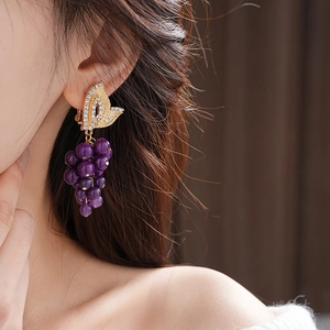 French vintage purple beaded grape earrings with gold leaf and rhinestone detail