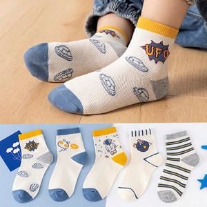 Breathable mesh cotton socks for kids featuring space-themed UFO and astronaut designs