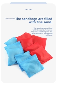 Close-up of durable red and blue game bean bags with fine sand filling and reinforced stitching