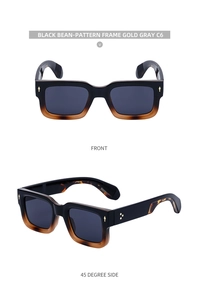 Close-up of square sunglasses featuring gradient black bean-pattern and gold accents
