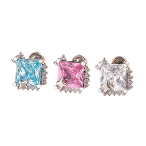 Square zircon stud earrings with star detail in blue pink and white titanium steel