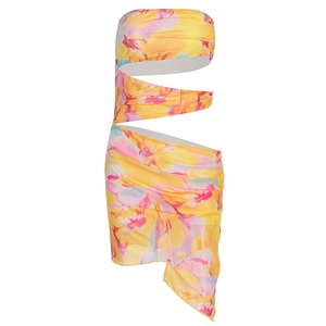 Robe courte fleurie jaune pour femme avec découpes, bustier et ourlet asymétrique stylé