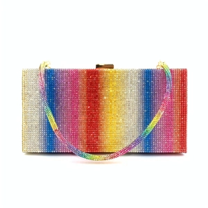 Detailed close-up of vibrant rainbow rhinestone clutch bag with gold chain strap