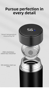 Exploded view of vacuum flask with smart temperature display lid and 304 stainless tea infuser