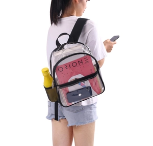 Rear view of a transparent PVC mini backpack with black straps shown on a model