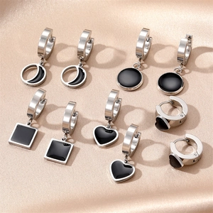 Minimalist Stainless Steel Hoop Drop Earrings Geometric Heart Moon Square Black Enamel Punk Retro Jewelry For Women Men