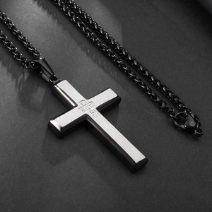 Men's beveled stainless steel cross pendant necklace with black chain and diamond accents