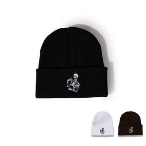 Bonnet En Tricot Acrylique Avec Broderie Squelette Buvant Du Thé Revers Chaud Streetwear Hip Hop Pour Hommes Femmes