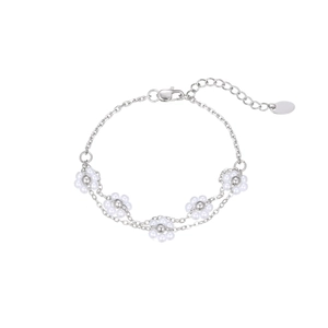 Elegant double-layer silver flower bracelet with white bead petals and lobster clasp