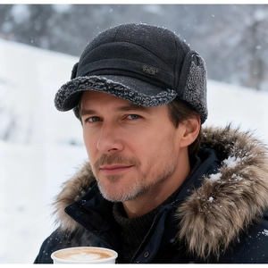 Close-up of winter trapper hat with gray fleece lining and ear flaps for men