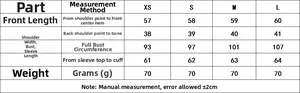 Detailed size chart for bow blouse including length, shoulder, bust and sleeve measurements