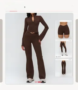Slim fit coffee yoga jacket with stand collar and flared sleeves shown in outfit recommendation