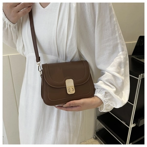 Detail of vintage brown leather crossbody bag with elegant gold metal turn-lock closure