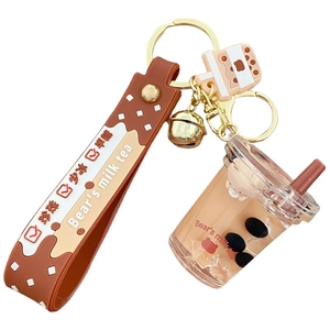 Brown boba tea keychain with floating bear liquid sand bottle and brown wrist strap