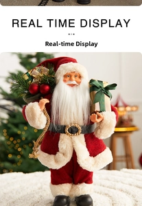 Detailed close-up of a Santa Claus figurine in velvet outfit holding a golden gift box